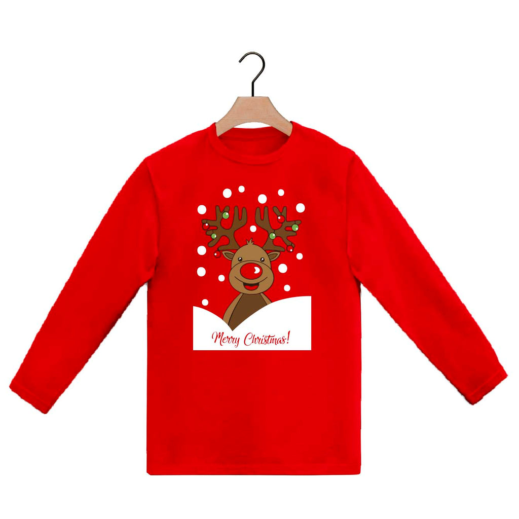 T-Shirt de Noël pour Homme et Femme Rouge Manches Longues Renne Rudolph