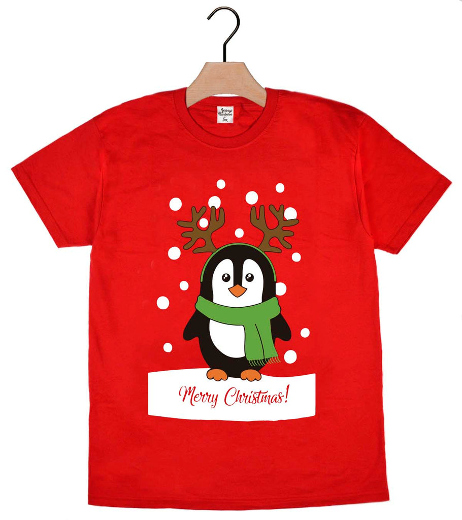 T-Shirt de Noël pour Homme et Femme Rouge avec Pingouin
