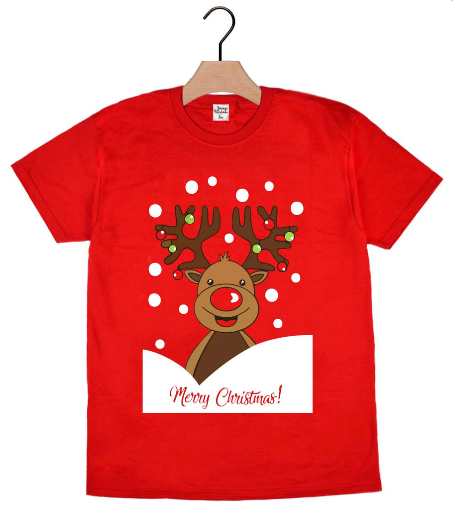 T-Shirt de Noël pour Homme et Femme Rouge avec Renne Rudolph