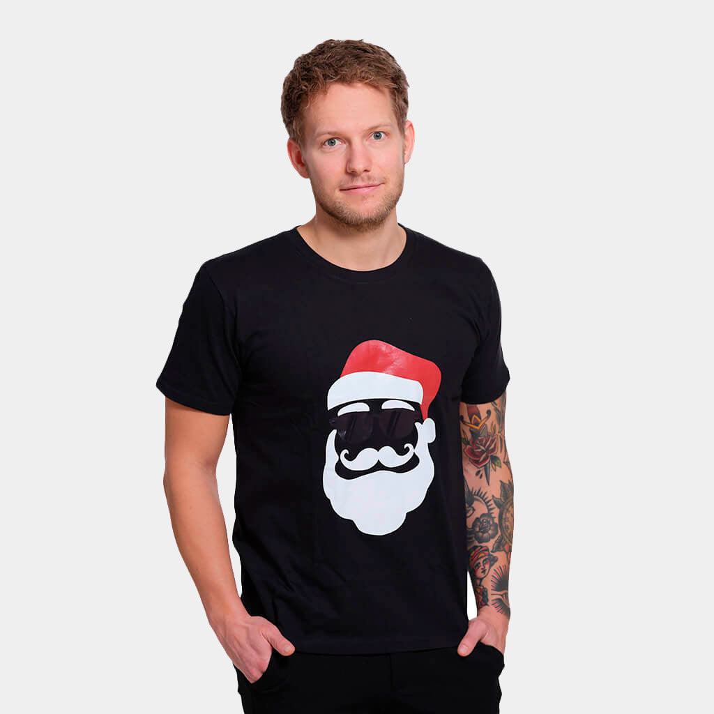 T-Shirt de Noël pour Homme Noir avec Père Nöel Hipster